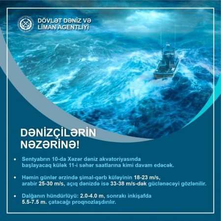 Dövlət Dəniz və Liman Agentliyi fırtınalı hava şəraiti ilə bağlı xəbərdarlıq edib - FOTO Dövlət Dəniz və Liman Agentliyi fırtınalı hava şəraiti ilə bağlı xəbərdarlıq edib - FOTO